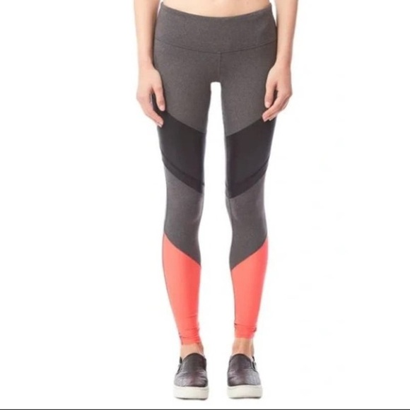 ALO Yoga Pants - ALO Sheila Mid-Rise Colorblock Leggings Stretch Elastic Waist Gray-Orange Size M